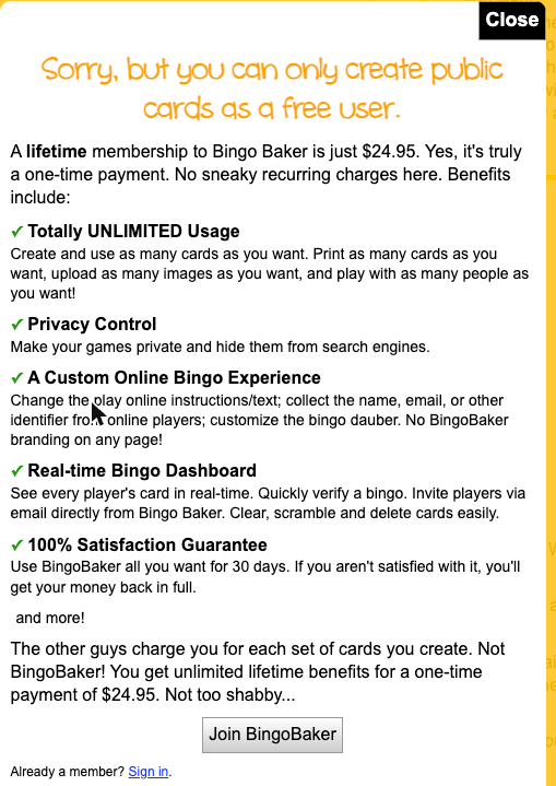 Bingo Baker message: you can only create public cards as a free user, with a $24.95 lifetime membership, October 11, 2026