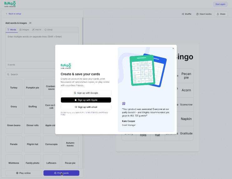 Bingo Card Creator sign-up window after clicking Print cards, with our list in the editor behind it, October 11, 2026